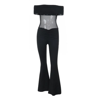 Off shoulder ruched mesh solid jumpsuit