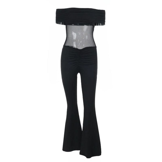 Off shoulder ruched mesh solid jumpsuit