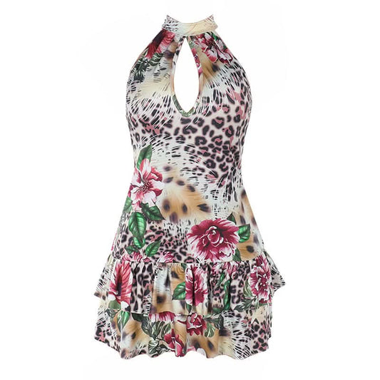 Leopard print hollow out halter self tie cut out mini dress