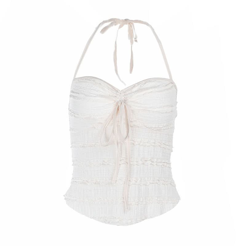 Ruffle halter self tie v neck backless top