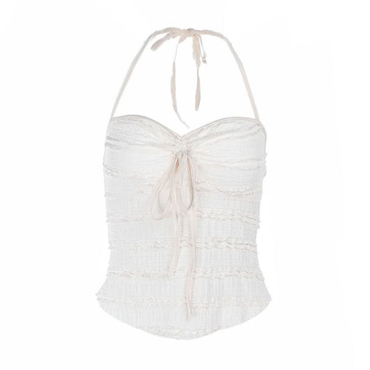 Ruffle halter self tie v neck backless top