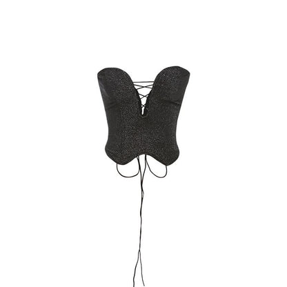 V neck glitter lace up tube top