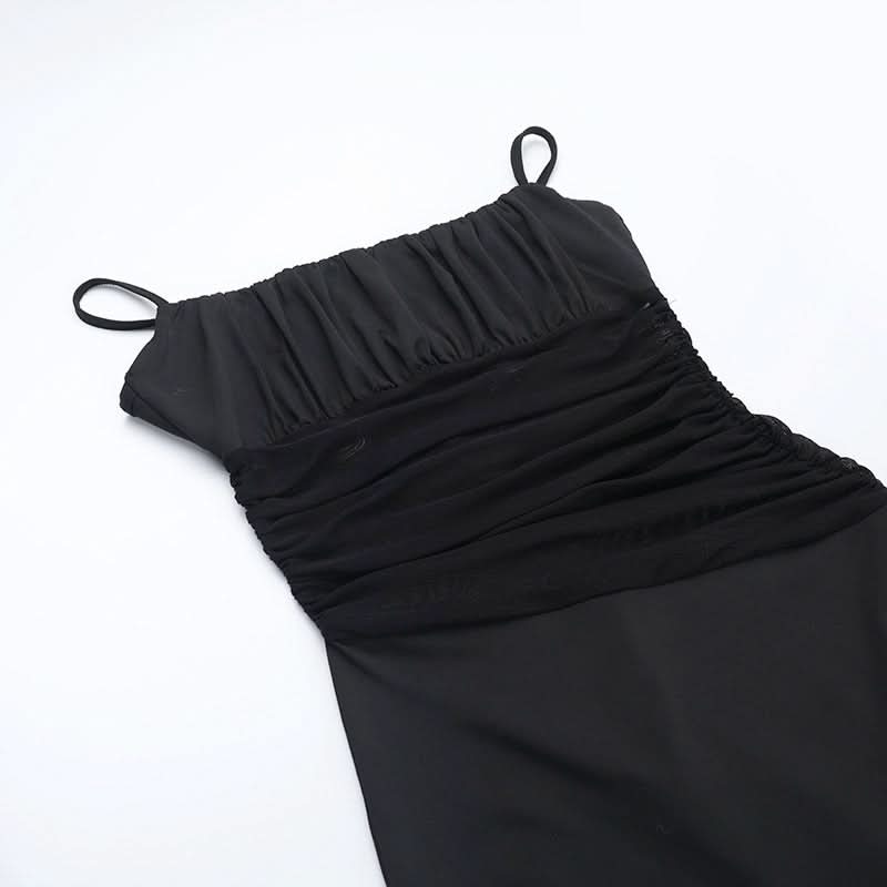 Mesh ruffle slit ruched square neck cami maxi dress