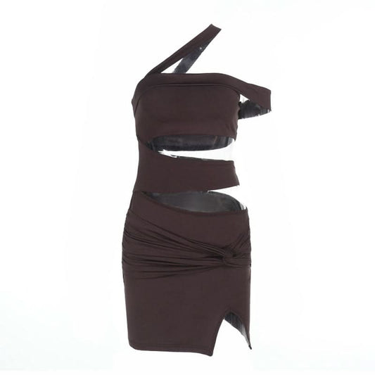One shoulder irregular hollow out ruched cut out mini dress