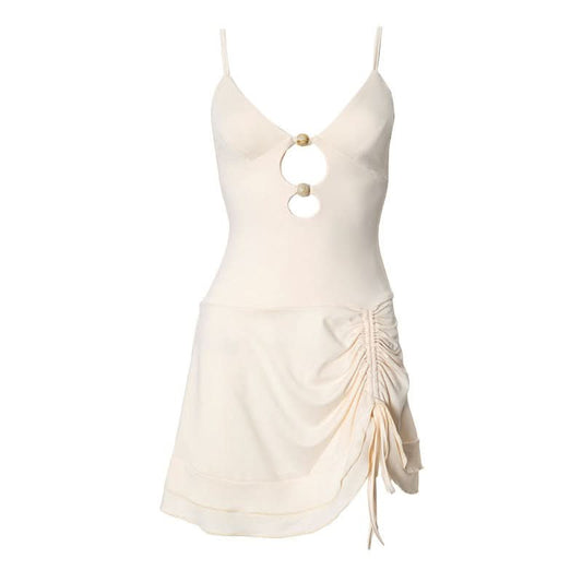 V neck hollow out ruched drawstring cami cut out mini dress