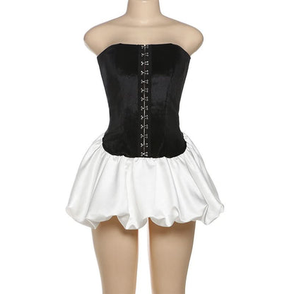 Button backless contrast tube mini dress