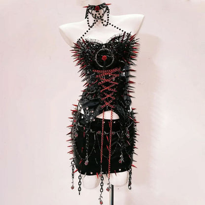 O ring lace up metal chain rivet applique top