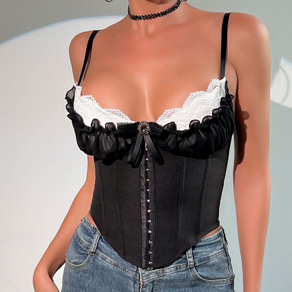 Lace hem bowknot corset ruched cami top