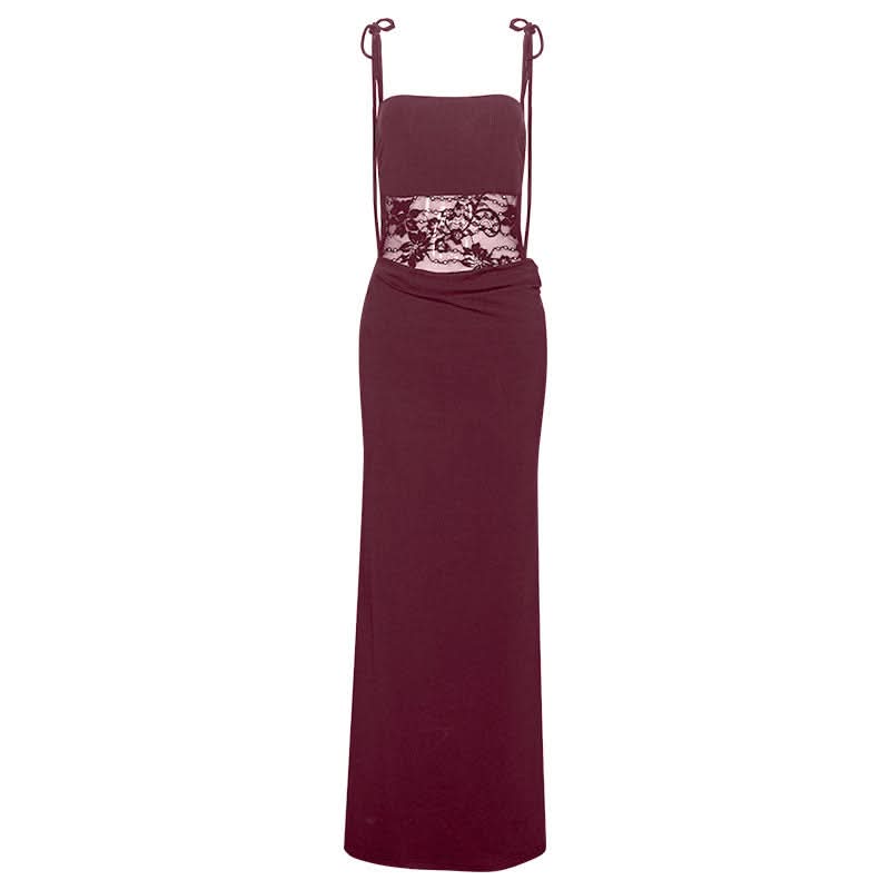 Lace square neck self tie solid cami maxi dress