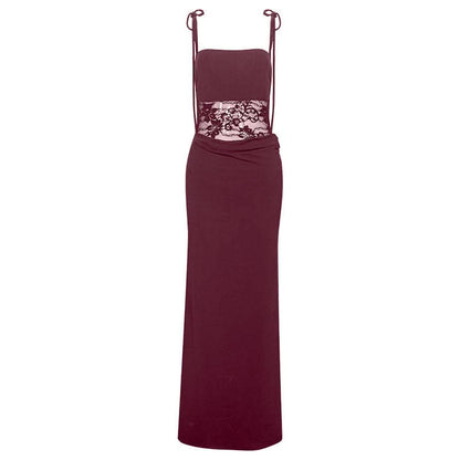 Lace square neck self tie solid cami maxi dress