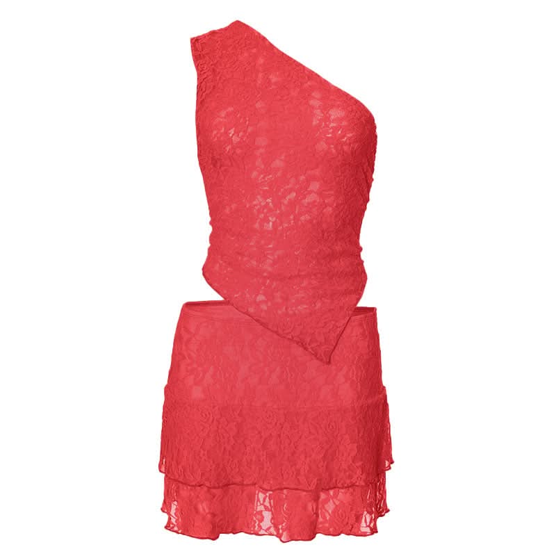 One shoulder lace irregular solid skirt set