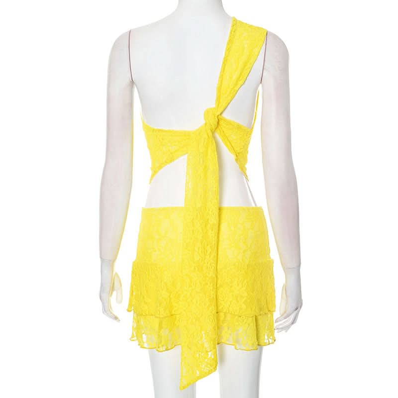 One shoulder lace irregular solid skirt set