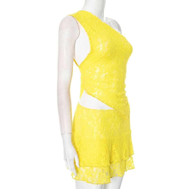 One shoulder lace irregular solid skirt set