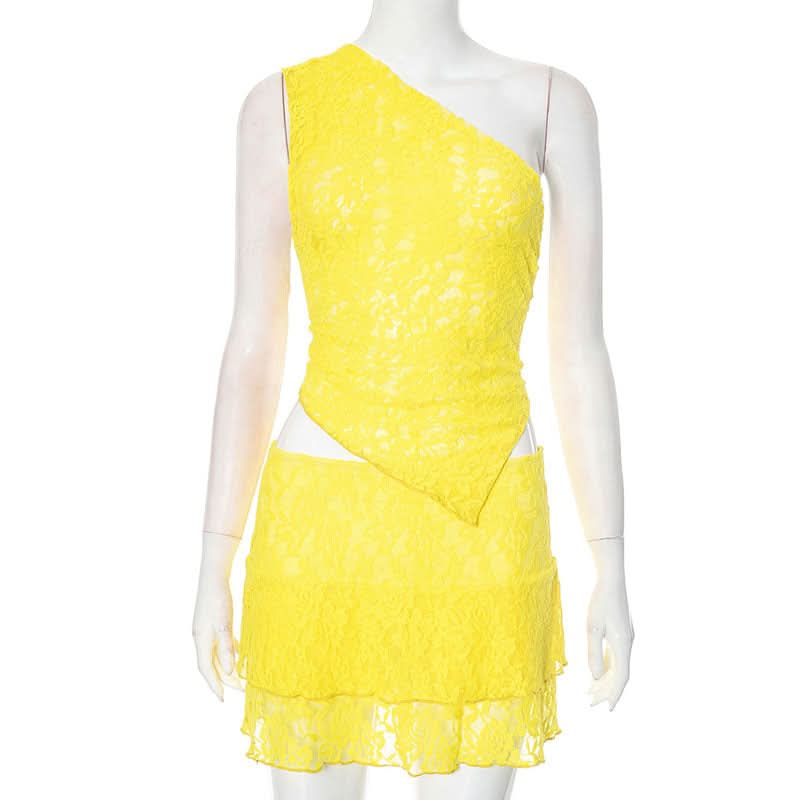 One shoulder lace irregular solid skirt set