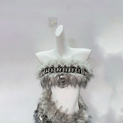 Fluffy metal chain tube mini skirt set