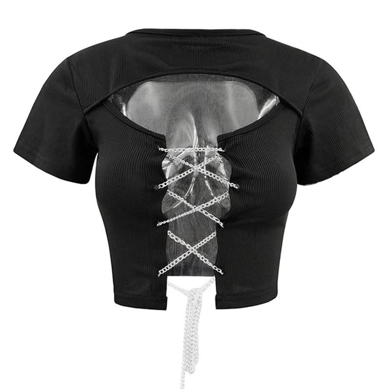 Short sleeve hollow out metal chain lace up ribbed cut out top