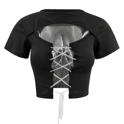 Short sleeve hollow out metal chain lace up ribbed cut out top