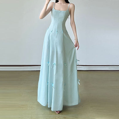 Bowknot mesh zip-up u neck cami maxi dress