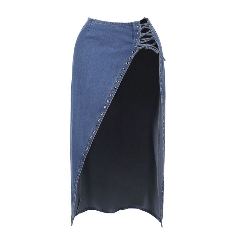 High slit lace up denim irregular maxi skirt