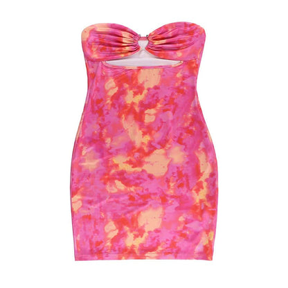 Hollow out ruched print tube cut out mini dress