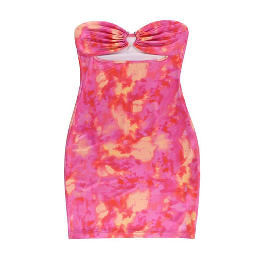 Hollow out ruched print tube cut out mini dress