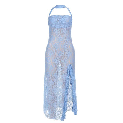 Halter square neck lace see through slit midi dress