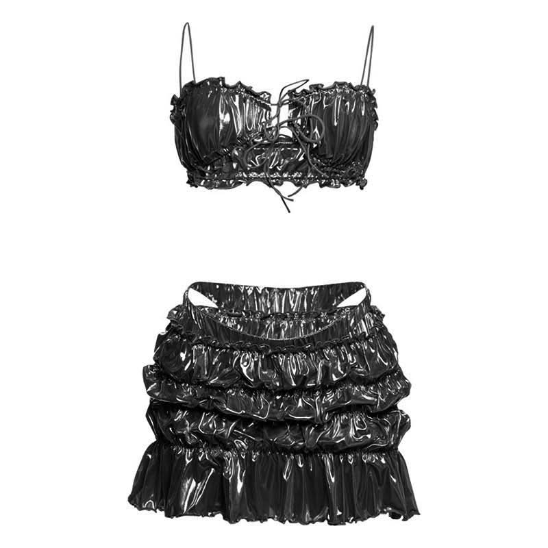 Ruched metallic ruffle self tie 3 piece mini skirt set