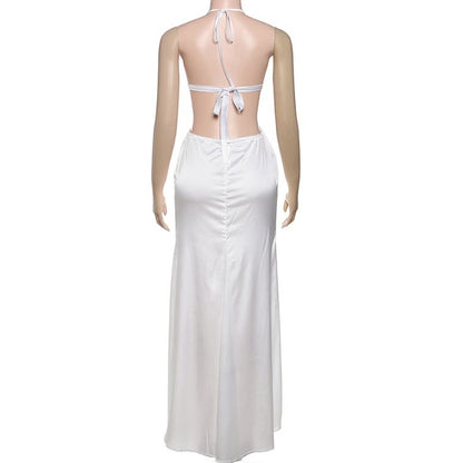 Glitter v neck zip-up halter self tie maxi dress