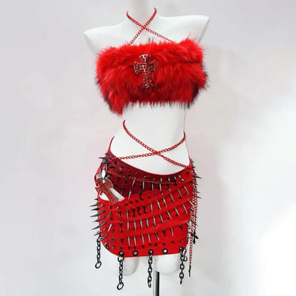 Halter cross applique rivet fluffy hollow out mini skirt set