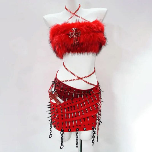 Halter cross applique rivet fluffy hollow out mini skirt set