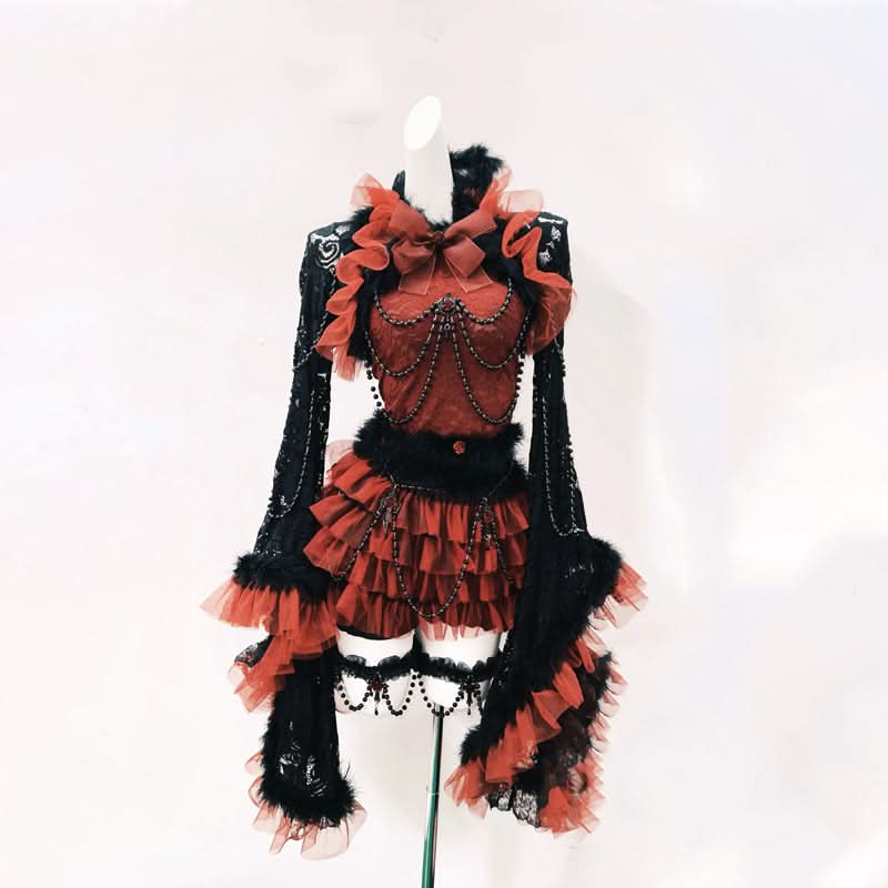 Long flared sleeve lace fluffy beaded ruffle mini skirt set