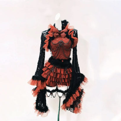 Long flared sleeve lace fluffy beaded ruffle mini skirt set