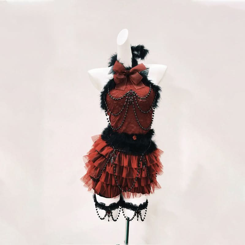 Long flared sleeve lace fluffy beaded ruffle mini skirt set