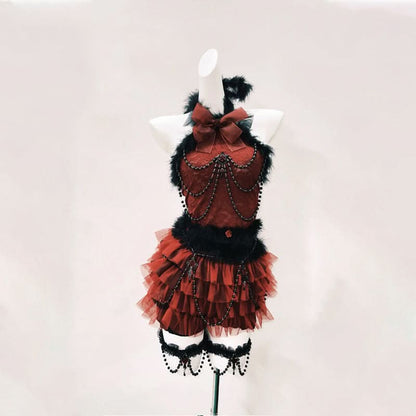 Long flared sleeve lace fluffy beaded ruffle mini skirt set