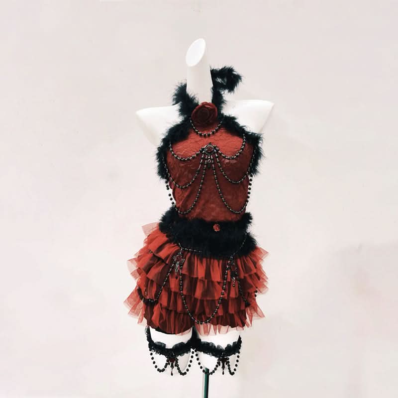 Long flared sleeve lace fluffy beaded ruffle mini skirt set