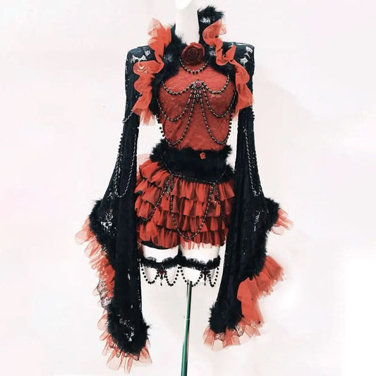 Long flared sleeve lace fluffy beaded ruffle mini skirt set