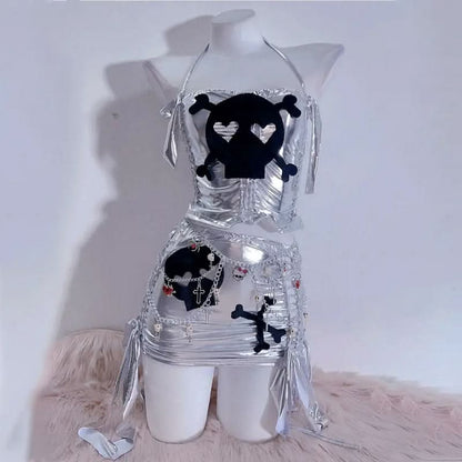 Halter metallic skull pattern ruched mini skirt set