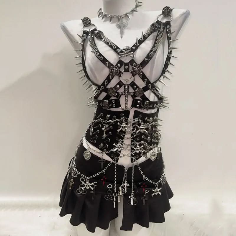 Rivet harness skull applique corset slit mini skirt set