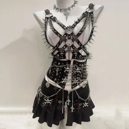 Rivet harness skull applique corset slit mini skirt set