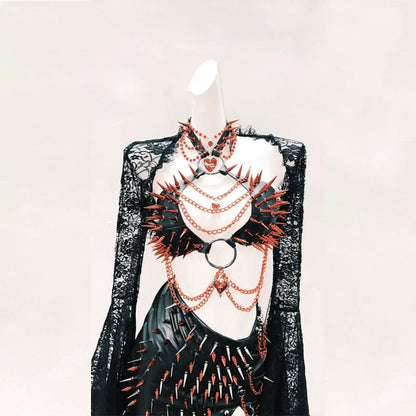 Long flared sleeve halter PU leather o ring rivet mini skirt set