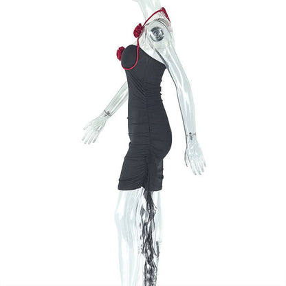 Halter padded ruched flower applique ruffle mini dress