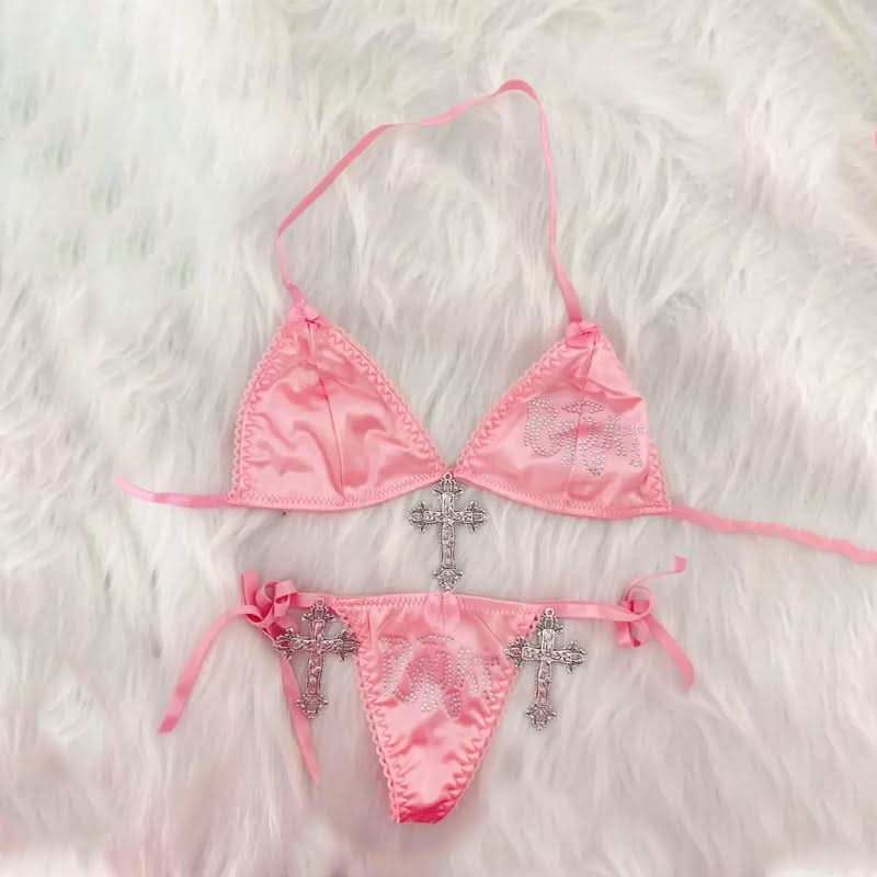 Halter cross applique self tie short pant set