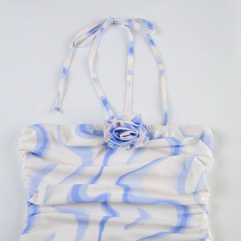 Ripple flower applique halter self tie maxi dress