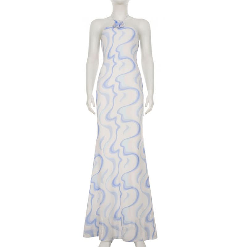 Ripple flower applique halter self tie maxi dress