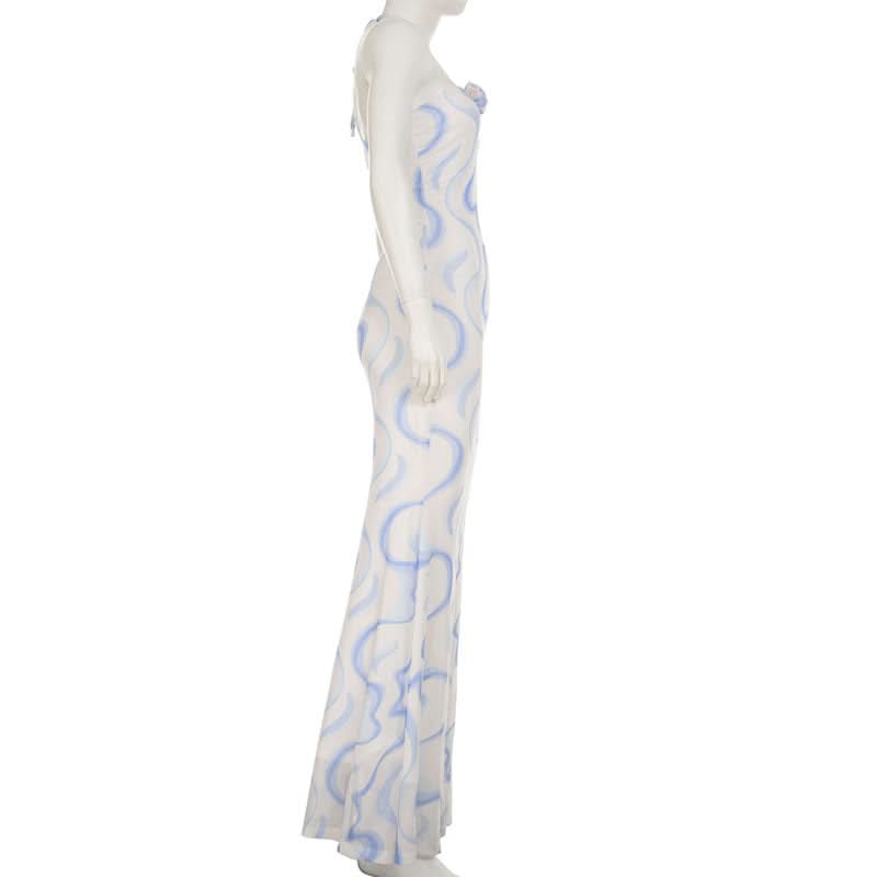 Ripple flower applique halter self tie maxi dress