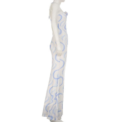 Ripple flower applique halter self tie maxi dress