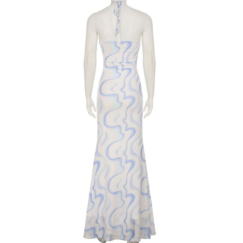 Ripple flower applique halter self tie maxi dress