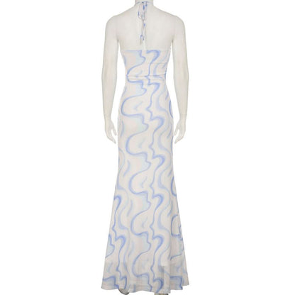 Ripple flower applique halter self tie maxi dress