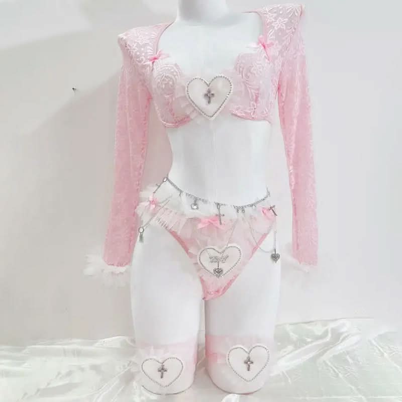Long sleeve sweetheart pattern lace bowknot short pant set