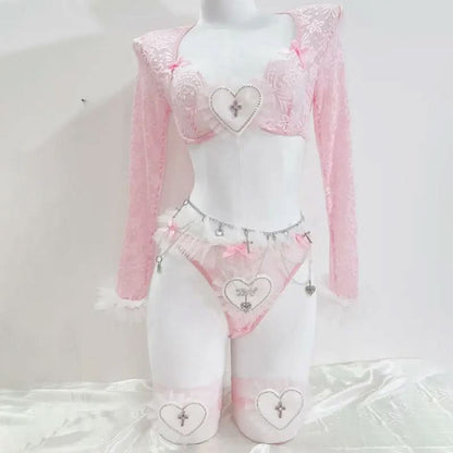 Long sleeve sweetheart pattern lace bowknot short pant set